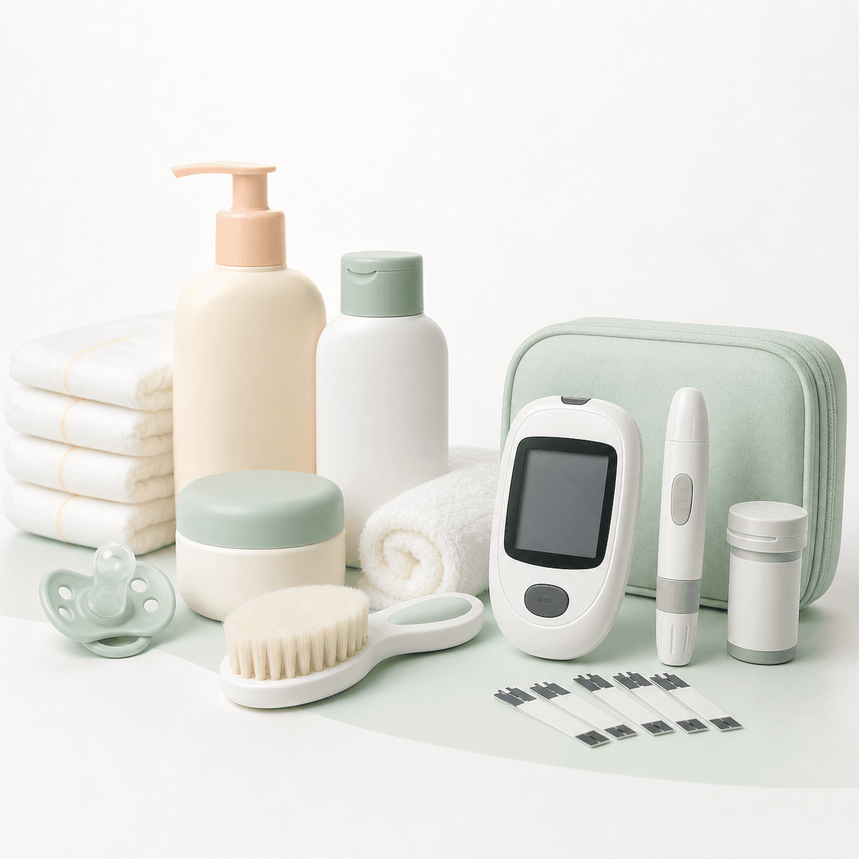 Baby care essentials arranged for pharmacy product browsing
