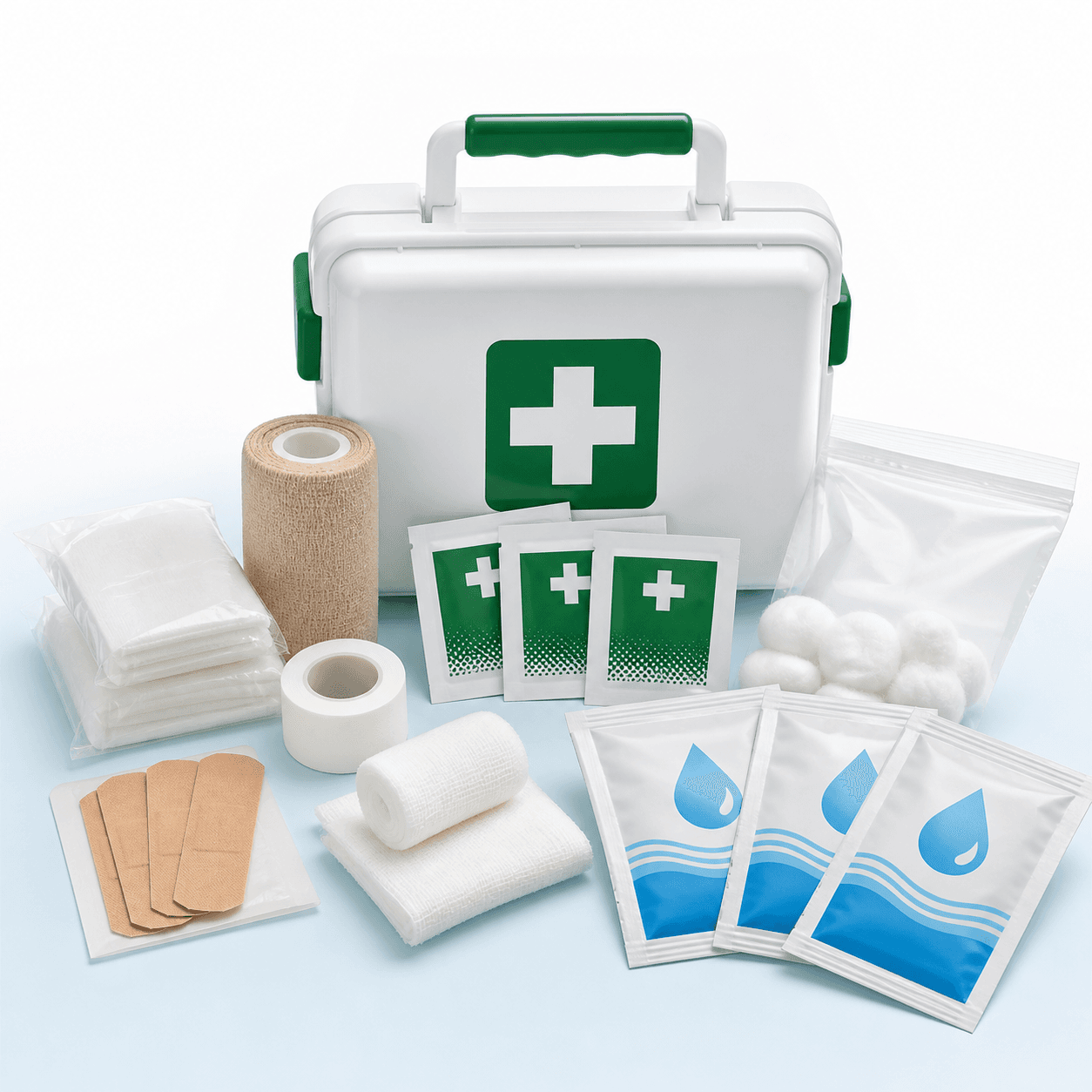 Family first aid kit with bandages, gauze, and antiseptic care items