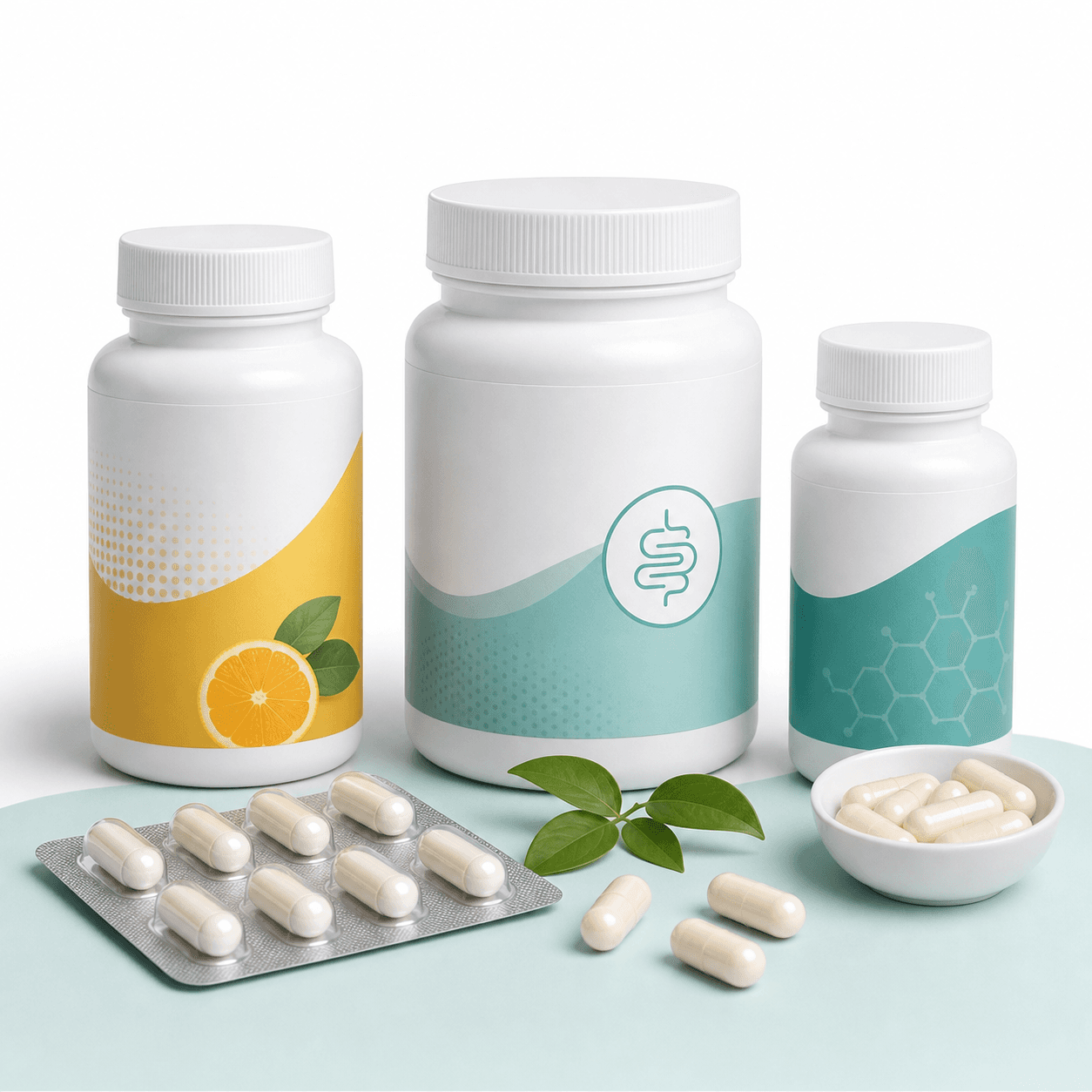 Vitamin C and zinc supplement bottle with capsules